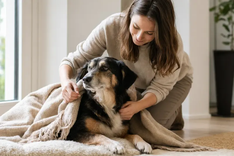 Ein Alaunt Hund liegt in einem hellen Raum, während sein Besitzer ihm liebevoll eine Decke überlegt.