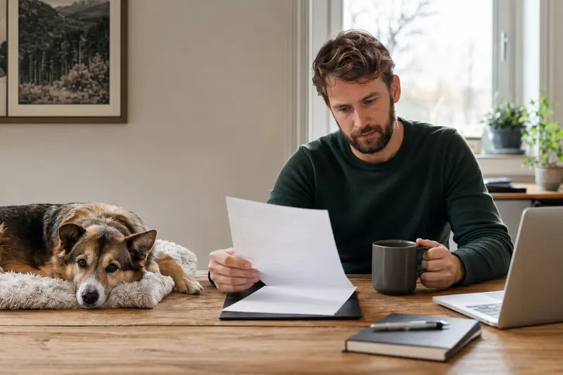 Ein entspannter Hund liegt neben einer Tierarztrechnung auf einem Tisch, während sein Besitzer ruhig über die Kosten nachdenkt.