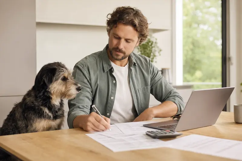 Ein Alaunt Hund sitzt ruhig neben seinem Besitzer am Küchentisch, während Versicherungsunterlagen und ein Laptop offen liegen.