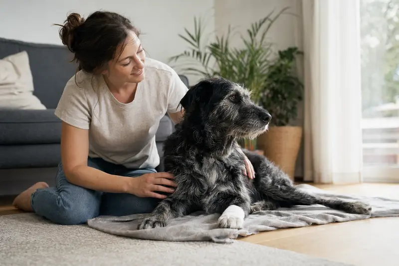 Ein Alaunt-Hund mit Verband an der Pfote liegt entspannt neben seinem Besitzer in einer hellen Wohnung.