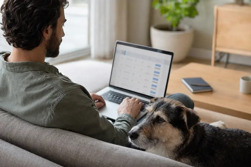 Ein Hundehalter sitzt mit einem Laptop auf dem Sofa, während ein Alaunt Hund entspannt daneben sitzt.