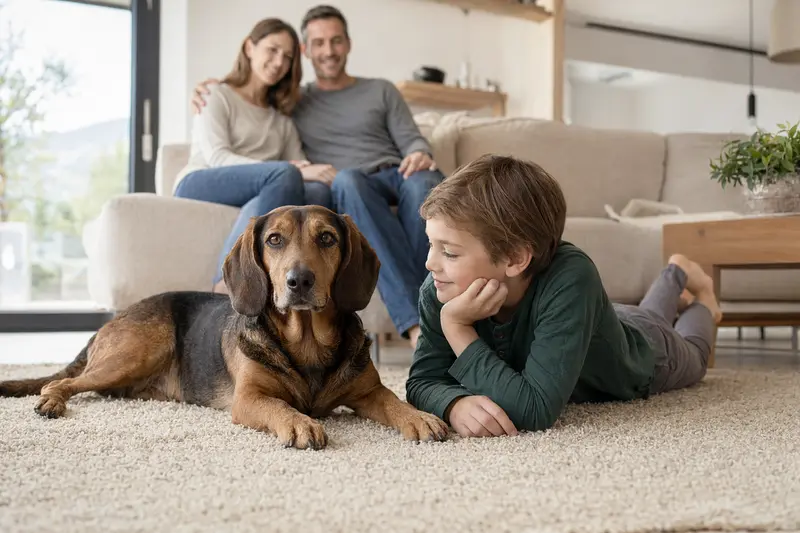 Ein fröhlicher Alpenländischer Dachsbracke Hund liegt entspannt neben einem Kind im Wohnzimmer.