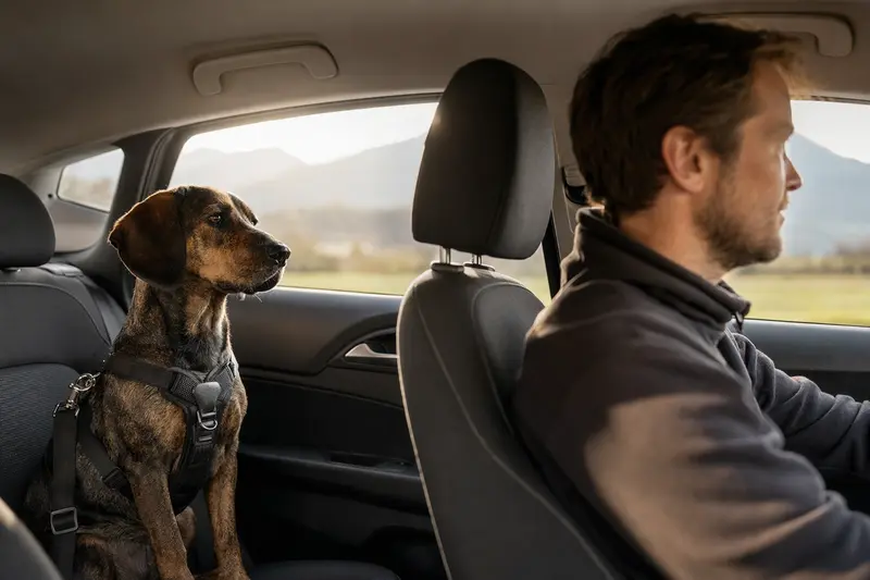 Ein Alpenländische Dachsbracke Hund sitzt sicher angeschnallt auf der Rückbank eines Autos, während das Sonnenlicht durch das Fenster scheint.