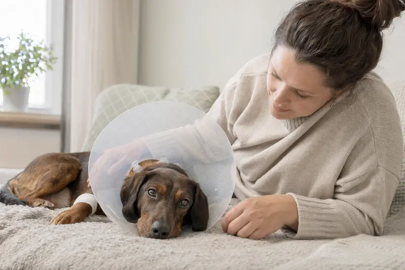 Ein Alpenländische Dachsbracke Hund ruht auf einer weichen Decke und trägt einen Schutzkragen nach einer tierärztlichen Behandlung.