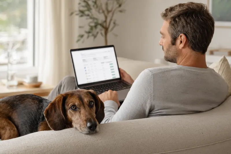 Ein Hundehalter sitzt mit einem Laptop auf dem Sofa und vergleicht Versicherungen für seinen Alpenländischen Dachsbracken.