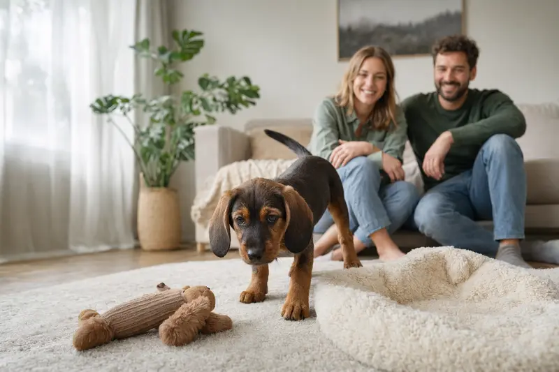 Ein neugieriger Alpenländische Dachsbracke Welpe erkundet seine neue, helle Wohnung mit liebevoller Familie im Hintergrund.