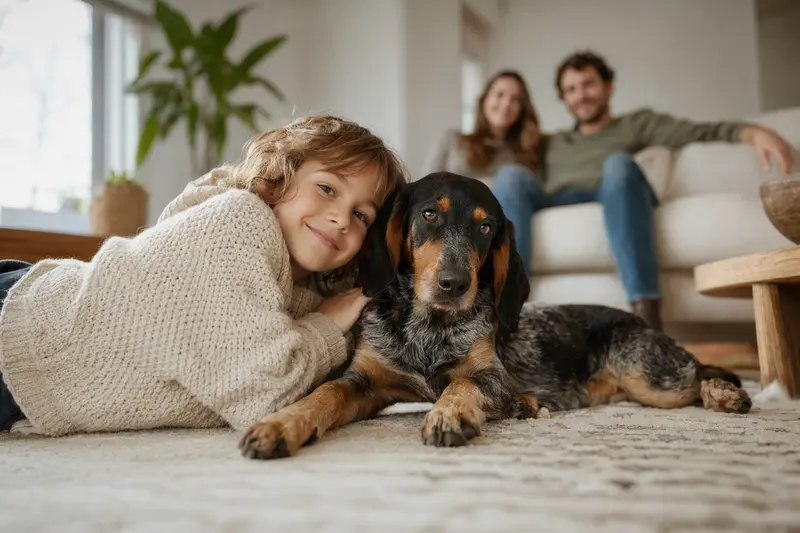 Ein entspannter Alpenländische-Erzgebirgler Dachsbracke Hund liegt neben einem Kind in einem hellen Wohnzimmer, während die Eltern im Hintergrund stehen.