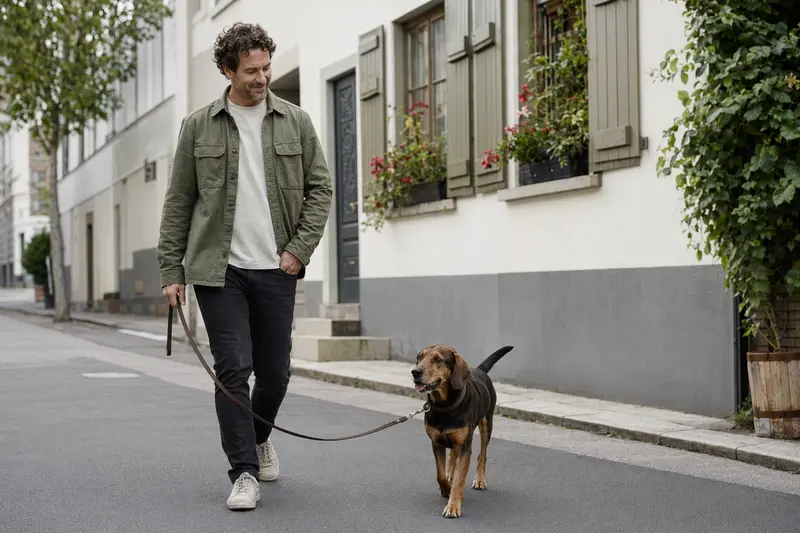 Ein Alpenländische-Erzgebirgler Dachsbracke Hund geht entspannt an der Leine mit ihrem Besitzer durch eine moderne Stadtstraße.
