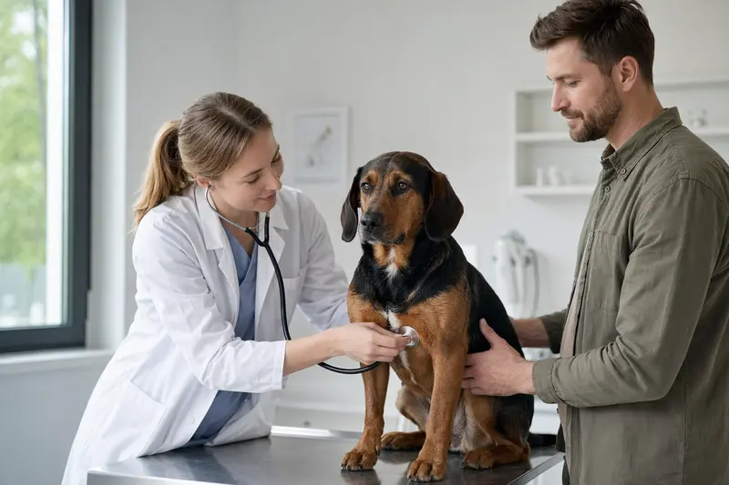 Eine freundliche Tierärztin untersucht einen ruhigen Alpenländische-Erzgebirgler Dachsbracke Hund auf einem Untersuchungstisch ohne Angst.
