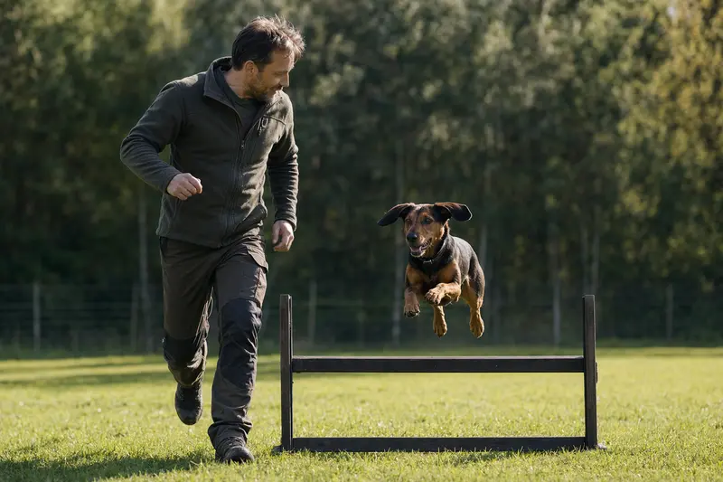 Ein Alpenländischer Dachsbracke trainiert mit seinem Besitzer auf einem Hundeplatz, zeigt Freude und Bewegung.