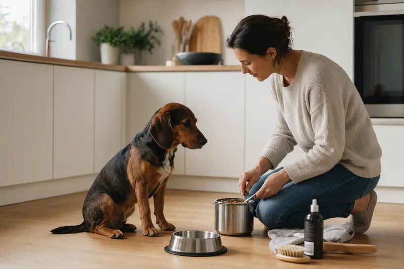 Ein Alpenländische-Erzgebirgler Dachsbracke Hund sitzt neben einem hochwertigen Futternapf, während der Besitzer Futter in einer hellen Küche vorbereitet.
