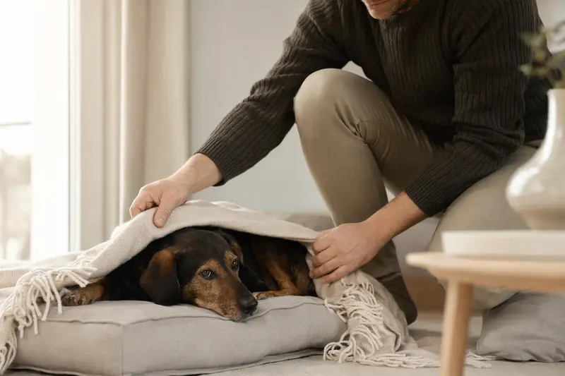 Ein Alpenländische-Erzgebirgler Dachsbracke entspannt auf einem hellen Sofa, während der Besitzer ihm liebevoll eine Decke überlegt.
