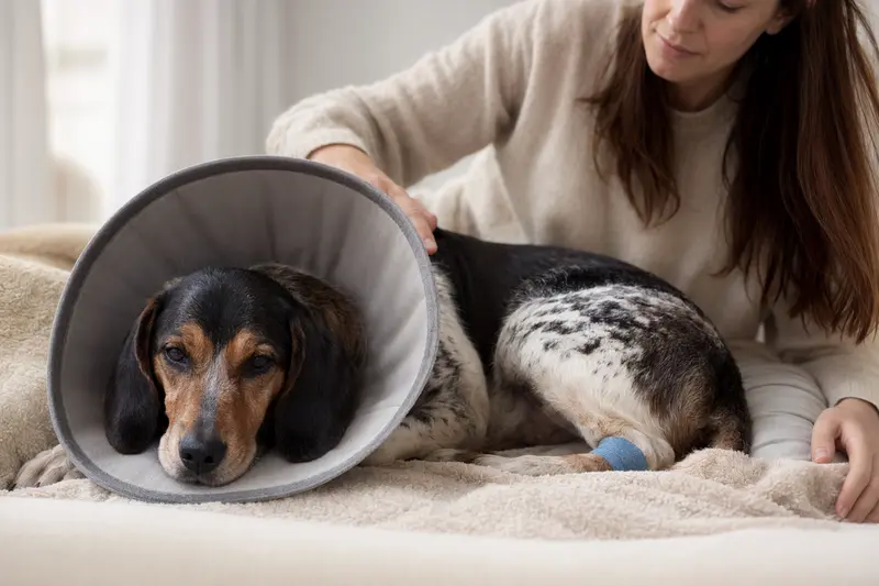 Ein Alpenländische-Erzgebirgler Dachsbracke Hund erholt sich auf einer Decke nach einer tierärztlichen Behandlung, während sein Besitzer beruhigend daneben sitzt.