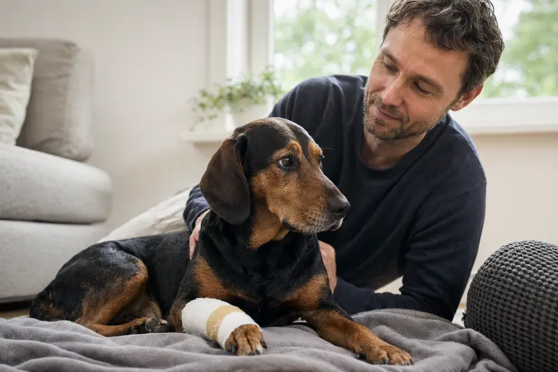 Alpenländische Erzgebirgler Dachsbracke mit Verband an der Pfote entspannt auf einer Decke neben seinem erleichterten Besitzer in einer hellen, fürsorglichen Wohnung.