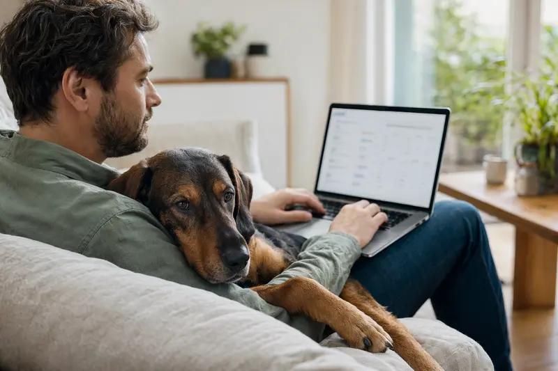 Ein Hundehalter sitzt mit einem Laptop auf dem Sofa, während eine Alpenländische-Erzgebirgler Dachsbracke neben ihm sitzt und der Bildschirm eine Versicherungsvergleichs-Oberfläche zeigt.