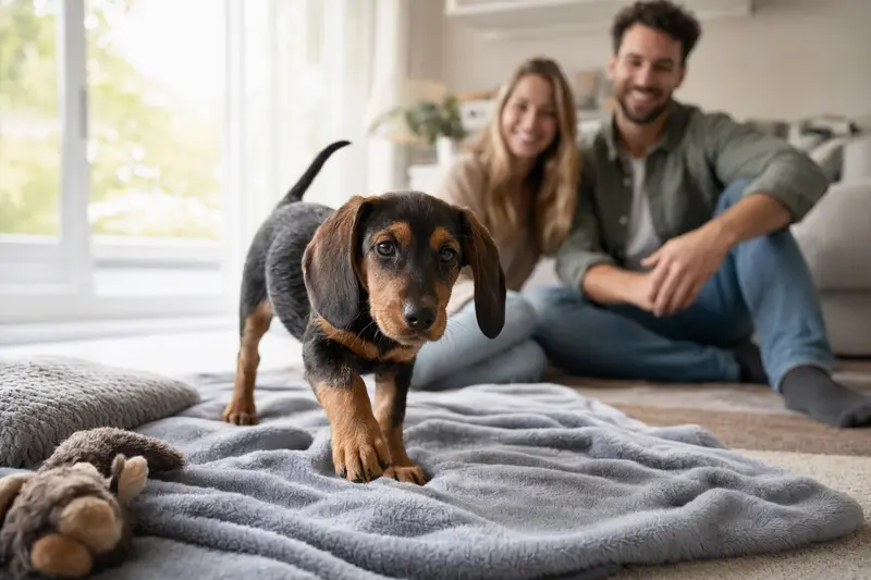 Ein neugieriger Alpenländische-Erzgebirgler Dachsbracke Welpe entdeckt die weiche Decke und das Spielzeug in einer hellen Wohnung mit seiner liebevollen Familie im Hintergrund.