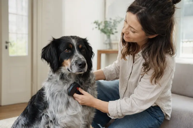Ein Altdänischer Hühnerhund wird sanft zuhause gebürstet, was auf die Bedeutung der tierischen Fellpflege hinweist.