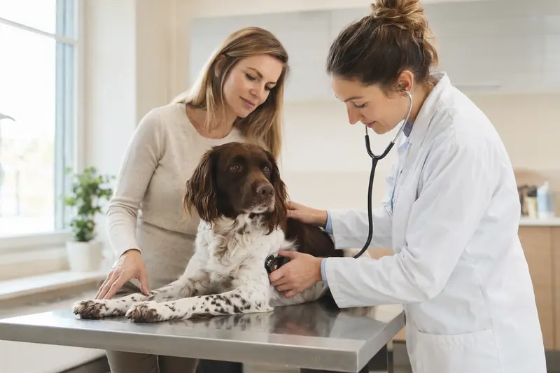 Ein Altdänischer Hühnerhund wird behutsam von einer Tierärztin in einer modernen Praxis untersucht.