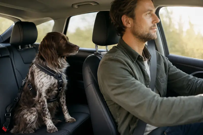 Ein Altdänischer Hühnerhund sitzt sicher angeschnallt auf der Rückbank eines Autos, während der Besitzer ruhig fährt.