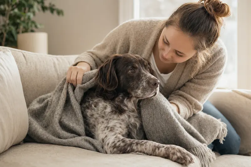 Ein entspannter Altdänischer Hühnerhund liegt in einem hellen Raum, während sein Besitzer ihm liebevoll eine Decke überlegt, was Schutz und Geborgenheit symbolisiert.