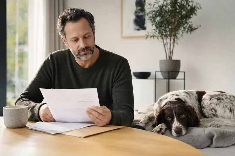 Ein Besitzer betrachtet eine Tierarztrechnung, während ein entspannter Altdänischer Hühnerhund friedlich neben ihm liegt.