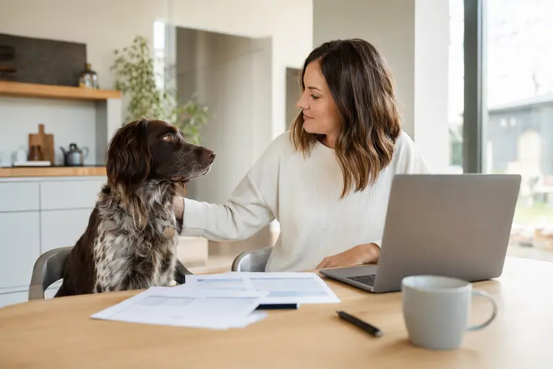 Ein Altdänischer Hühnerhund sitzt entspannt neben seinem Besitzer, während Versicherungsunterlagen und ein Laptop auf dem Tisch liegen.