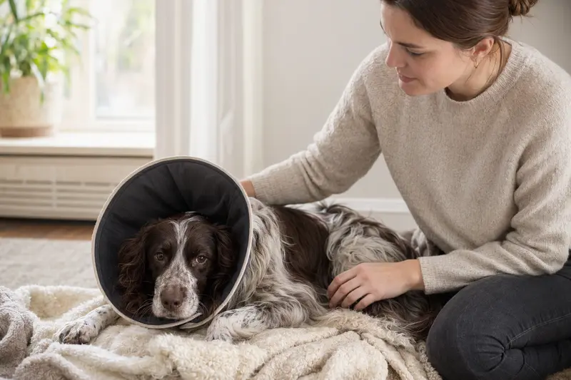 Ein Altdänischer Hühnerhund ruht mit einem medizinischen Schutzkragen auf einer weichen Decke, während sein Besitzer beruhigend daneben sitzt.