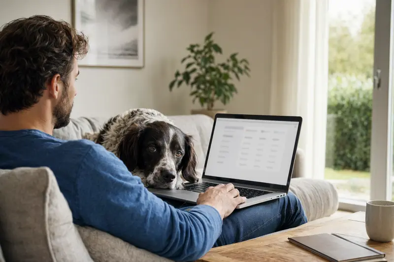 Ein Hundebesitzer arbeitet am Laptop auf dem Sofa, während sein Altdänischer Hühnerhund neben ihm sitzt, was Sicherheit und Entscheidungshilfen in der Haustierversicherung symbolisiert.