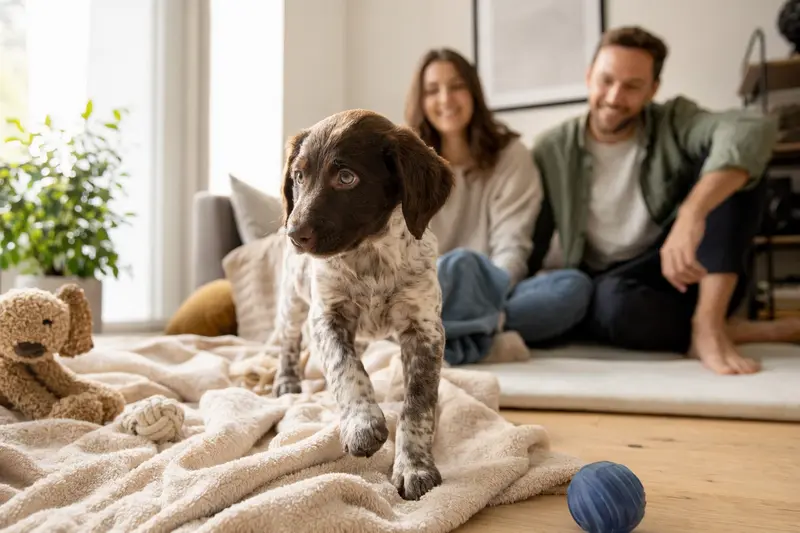 Ein neugieriger Altdänischer Hühnerhund Welpe erkundet sein neues Zuhause mit weicher Decke und Spielzeug.