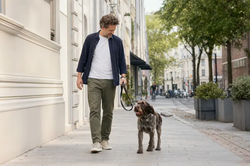 Ein Altdänischer Vorstehhund wird von seinem Besitzer an der Leine durch eine moderne Stadtstraße geführt, in einer entspannten Alltagssituation.