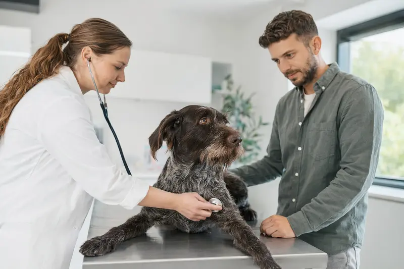 Ein ruhiger Altdänischer Vorstehhund wird von einer freundlichen Tierärztin in einer modernen Tierarztpraxis mit einem Stethoskop untersucht, während der Besitzer beruhigend danebensteht.