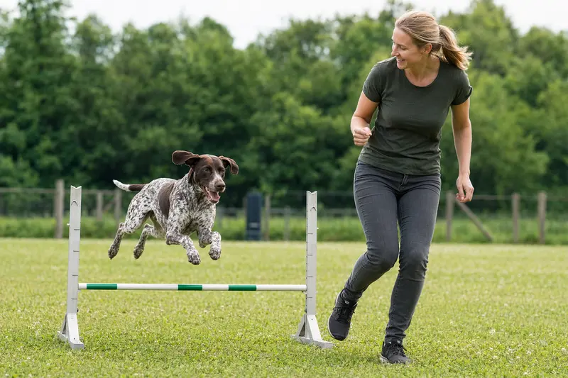Ein fröhlicher Altdänischer Vorstehhund trainiert mit seinem Besitzer auf einem sonnigen Hundeplatz.
