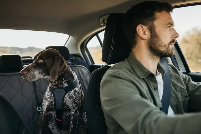 Ein Altdänischer Vorstehhund, angeschnallt auf der Rückbank eines Autos, während die Sonne durch das Fenster scheint.