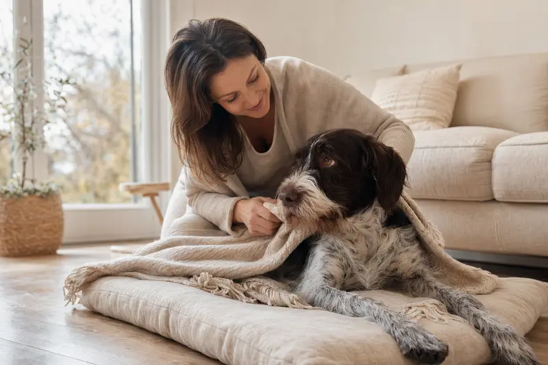 Ein entspannter Altdänischer Vorstehhund in einem hellen Zuhause, während der Besitzer liebevoll eine Decke über ihn legt, symbolisiert Schutz und Geborgenheit.