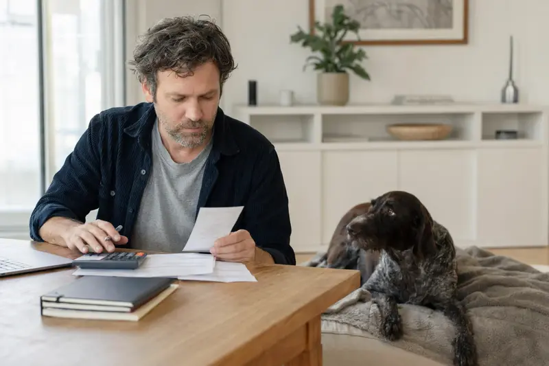 Ein entspannter Altdänischer Vorstehhund liegt auf einer Decke neben einem Besitzer, der eine Tierarztrechnung am Tisch betrachtet.