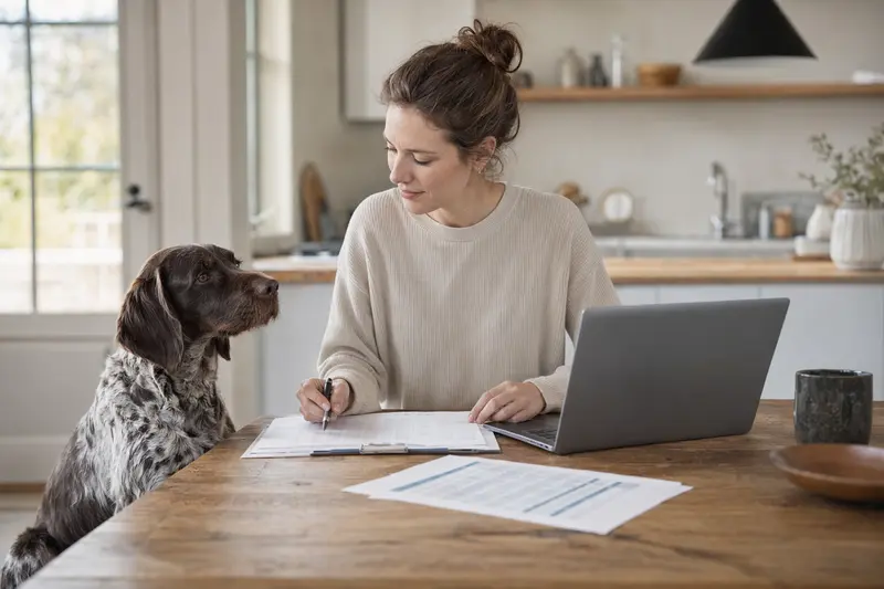 Ein Altdänischer Vorstehhund sitzt ruhig neben seinem Besitzer am Küchentisch, während Versicherungsunterlagen und ein Laptop auf dem Tisch liegen.