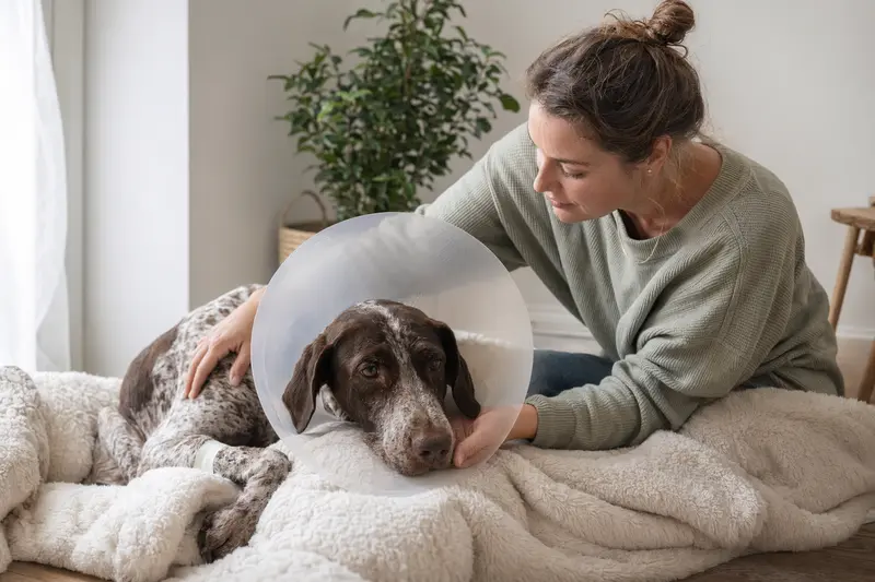 Ein Altdänischer Vorstehhund entspannt sich mit einem medizinischen Schutzkragen auf einer Decke, während sein Besitzer beruhigend daneben sitzt.