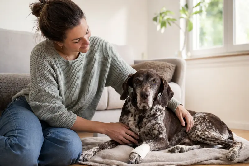 Ein Altdänischer Vorstehhund mit leichtem Verband an der Pfote liegt entspannt auf einer Decke, während der Besitzer neben ihm sitzt und erleichtert wirkt.