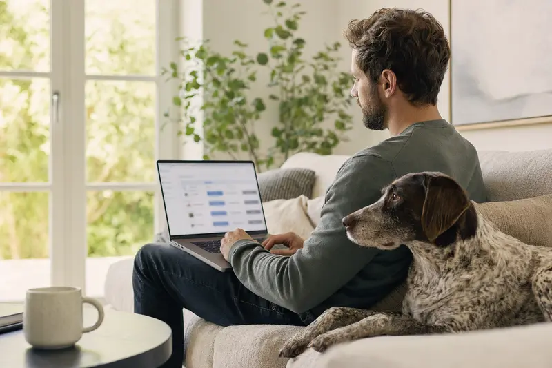 Ein Hundebesitzer arbeitet am Laptop im Wohnzimmer, während sein Altdänischer Vorstehhund neben ihm sitzt und eine neutrale Versicherungsvergleichsseite auf dem Bildschirm sichtbar ist.