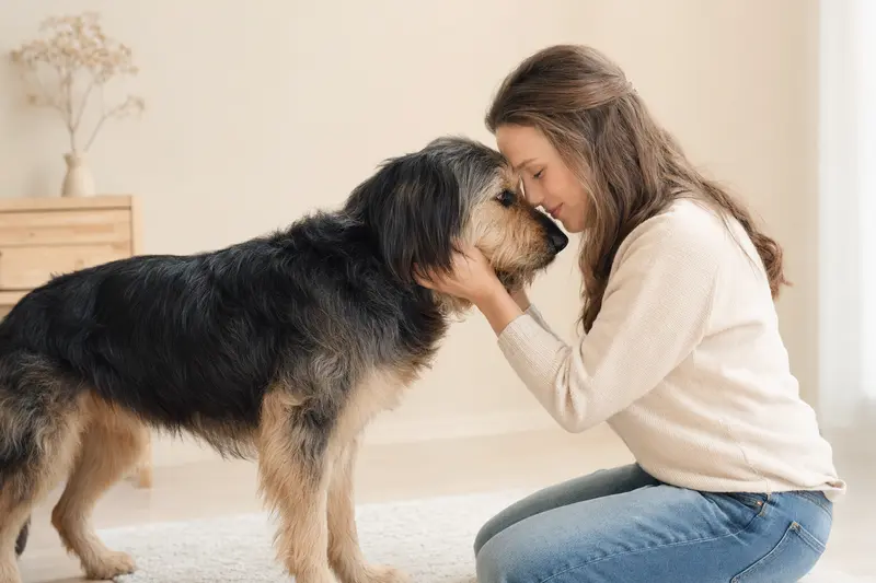 Ein Altdeutscher Hütehund steht in natürlicher Haltung vor einem hellen Hintergrund und zeigt seine typisch ausgeprägte Fellstruktur.
