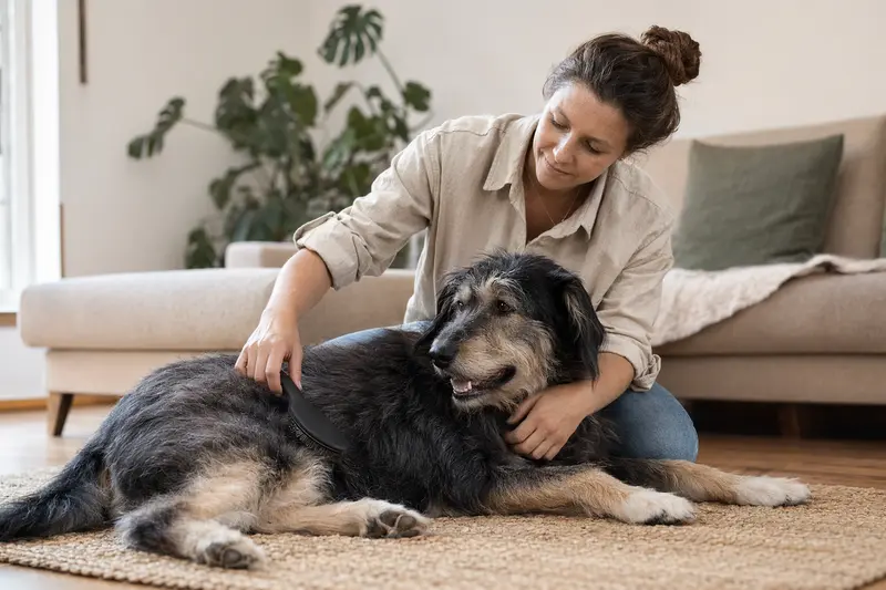Ein Altdeutscher Hütehund wird liebevoll von seinem Besitzer in einer hellen Wohnung gebürstet, was die Bedeutung von regelmäßiger Fellpflege für die Gesundheit des Hundes unterstreicht.
