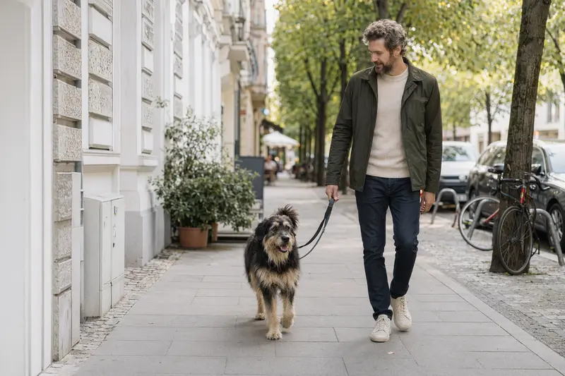 Ein Altdeutscher Hütehund läuft entspannt an der Leine mit seinem Besitzer durch eine moderne Stadtstraße.