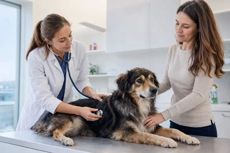 Ein ruhiger Altdeutscher Hütehund wird von einer freundlichen Tierärztin mit einem Stethoskop in einer modernen Tierarztpraxis untersucht, während sein Besitzer beruhigend daneben steht.