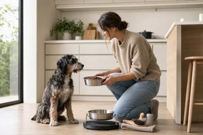 Ein Altdeutscher Hütehund sitzt neben einem hochwertigen Futternapf und Pflegezubehör in einer hellen modernen Küche.