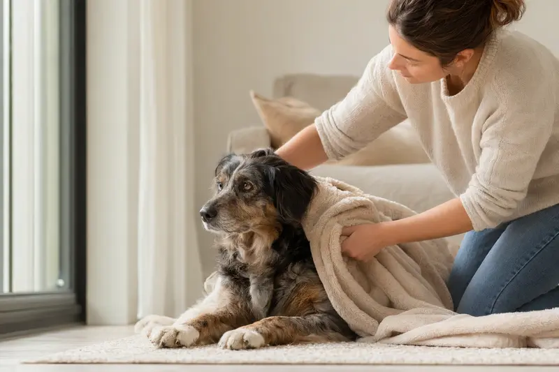 Ein entspannter Altdeutscher Hütehund liegt in einem hellen Wohnraum, während sein Besitzer ihm liebevoll eine Decke überlegt.