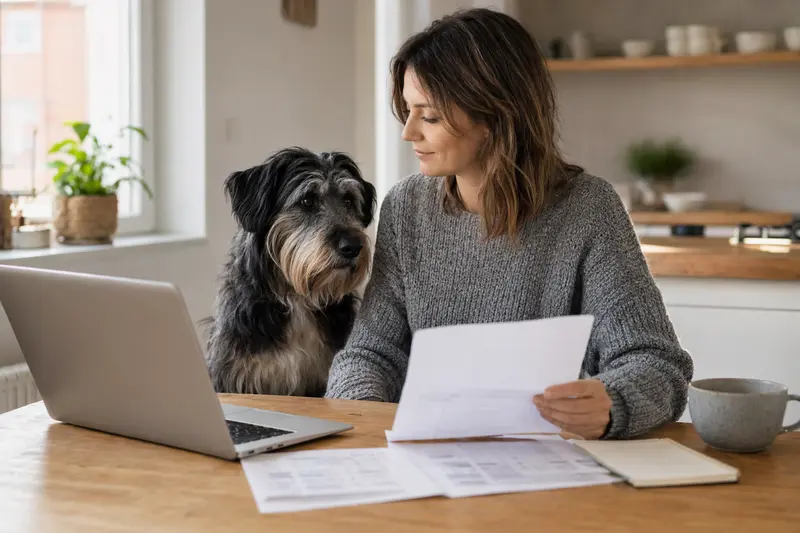 Ein Altdeutscher Hütehund sitzt entspannt neben seinem Besitzer am Küchentisch, wo Versicherungsunterlagen und ein neutraler Laptop liegen.