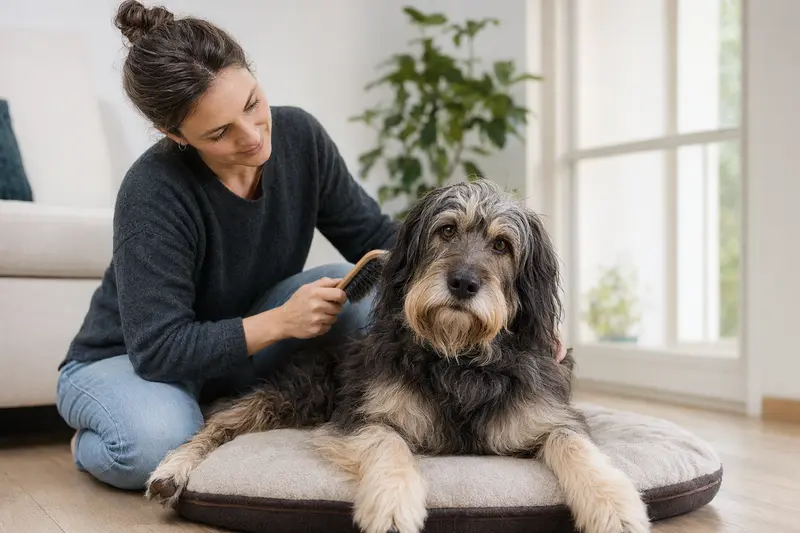 Ein Altdeutscher Hütehund wird sanft zuhause gebürstet, während sein Besitzer liebevoll auf die Fellpflege achtet.