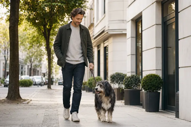 Ein Altdeutscher Hütehund läuft an der Leine mit seinem Besitzer durch eine moderne Stadtstraße.