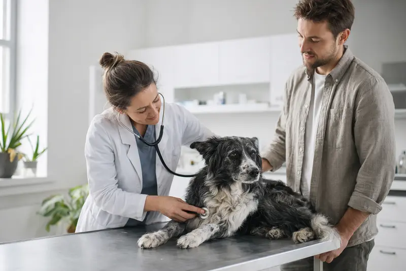 Ein freundlicher Altdeutscher Hütehund wird von einer Tierärztin auf einem Untersuchungstisch untersucht.