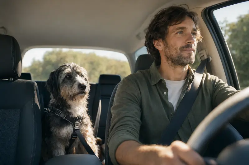 Ein altdeutscher Hütehund sitzt sicher angeschnallt auf der Rückbank eines Autos, während der Besitzer ruhig fährt.